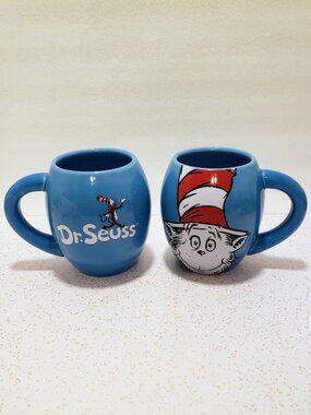 Dr Seuss The Cat In The Hat Ceramic Coffee Mug Set 18oz Vandor Blue Oval 2 pc